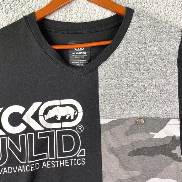 Ecko Unltd V-Neck T-Shirt 3XL Black Rhino Logo Pocket Camo Block Style Tee - Picture 1 of 9